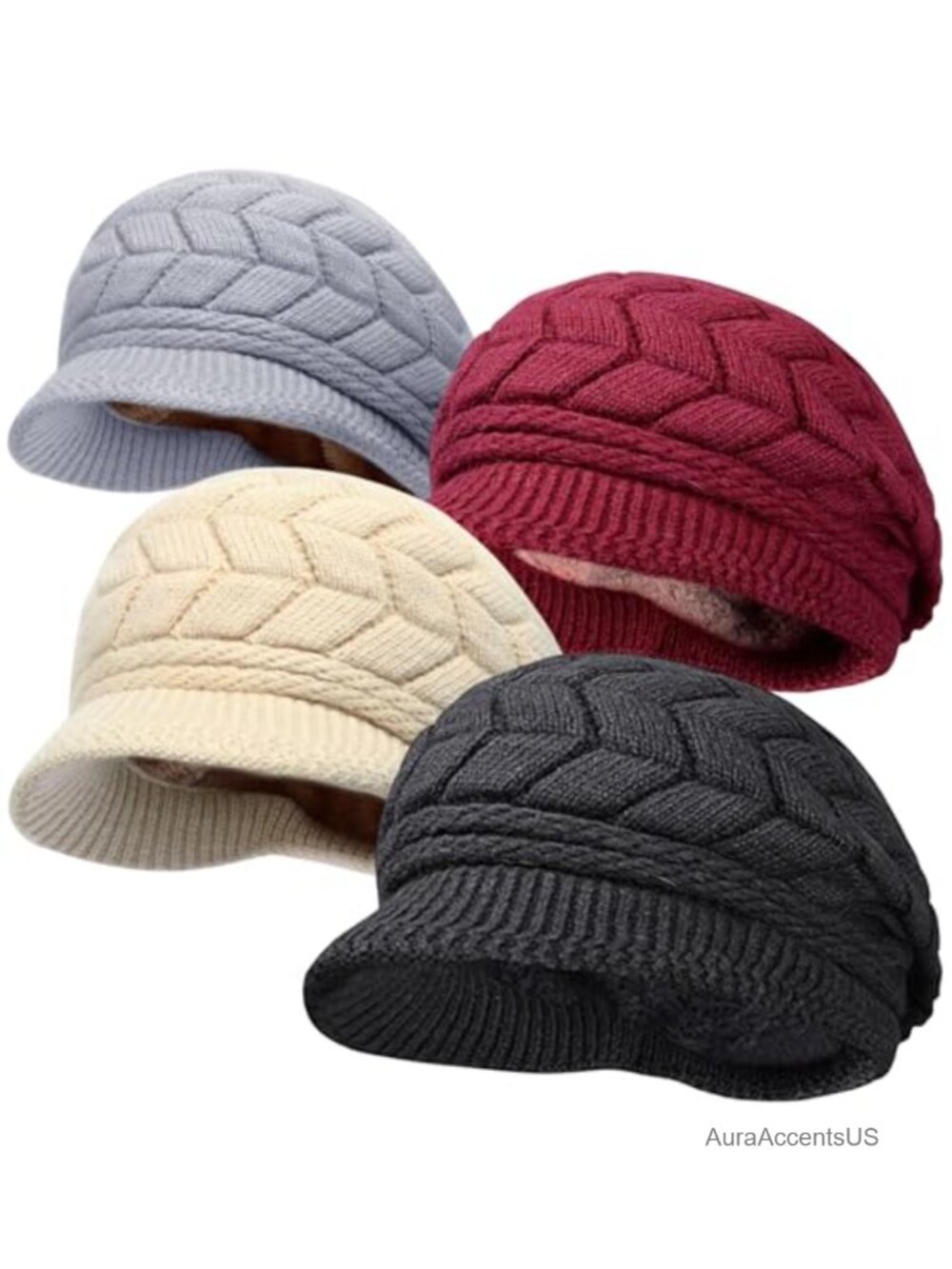 4 Pack Womens Winter Beanie Hats Thick Warm Knit Hat with Visor Brim Wool Snow